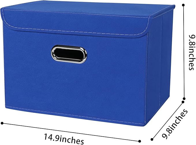Linen Fabric Foldable Collapsible Storage Cube Bin Organizer Basket Fabric Storage Bins with Lid, Leather Handles, Removable Divider for Home, Closet, Dark Blue 3Pcs