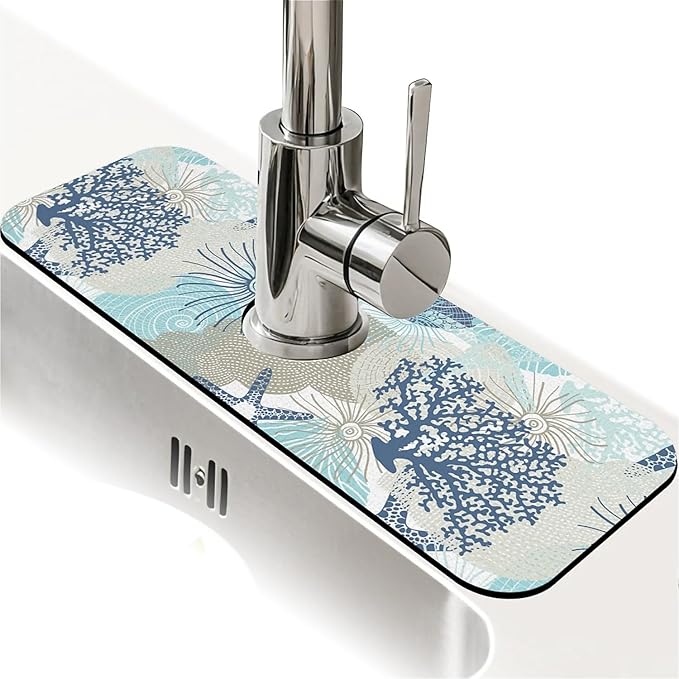 Kitchen Sink Splash Guard, Cute Corals and Seashells Faucet Mat Sink Gadgets - Super Absorbent Fast Drying Mat Drip Catcher for Kitchen, Bathroom, Sink Mat, Dish Drying Mat, Bathroom (15" X 5.5")