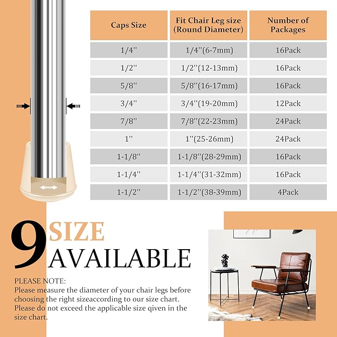 1-1/2" Round Rubber Chair Leg Tips Caps, Chair Leg Floor Protectors, Non-Slip Chair Leg Caps, Stool Leg Protectors Cap, Folding Metal Chair Leg Tip Replacement (White, 4 Pack)