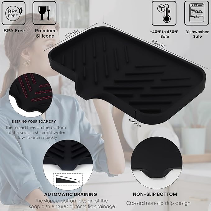 Yasmen Silicone Bathroom Soap Dishes, Sink Sponge Holder for Kitchen, Rubber Soap Dish with Drain, Shower Soap Sponge Tray, Sink or Counter Organizer, for Bar Soap, Bottle, Dish Soap Dispenser-Black