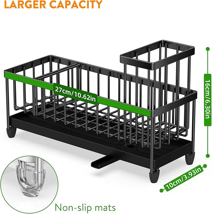 Cisily Extra Large Black Sponge Holder for Kitchen Sink, Sink Caddy Organizer with High Brush Holder, Kitchen Countertop Organizers and Storage Essentials, Rustproof 304 Stainless Steel