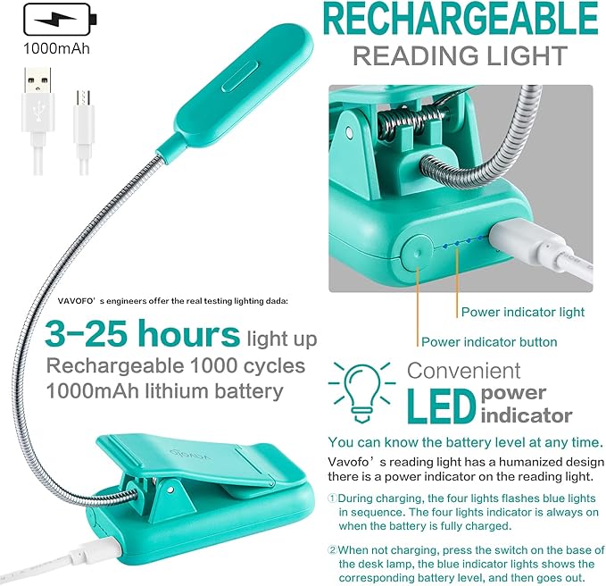 VAVOFO Clip On Rechargeable Reading Light, 7 LEDs with 3 Colortemperature 9 Brightness Levels Book Lights for Reading in Bed with Power Indicator for Bookworms (Blue 2-Pack)