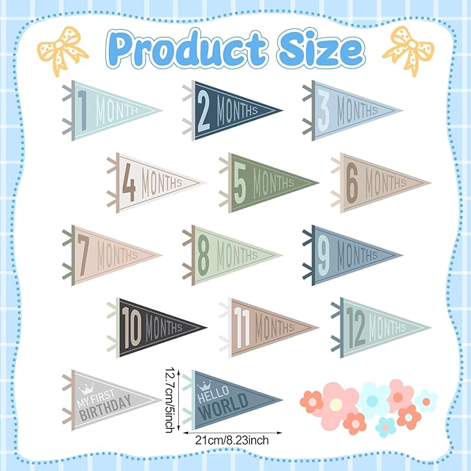 VitalCozy 14 Pcs Baby Milestone Pennant Signs Monthly Milestone Banner Flags Pennant Triangle Banner Age Flag Signs for Boy Girl Newborn Birthday Party Decor(Ocean Color)