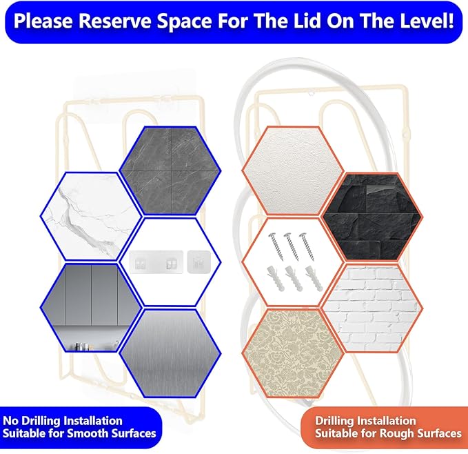 2 Pack Pot Lid Organizer Rack, 6 Tier Hanging Pot Lids Holder Inside Cabinet Door, No Drilling Adhesive Wall Mounted Pan Lid Organizer, Kitchen Cooking Lid Storage Rack for Cupboard (Gold)