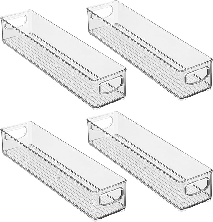 iDesign Slim Clear Plastic Storage Bin, Extra Long Narrow Stackable Organizer for Kitchen and Pantry, 4-Pack