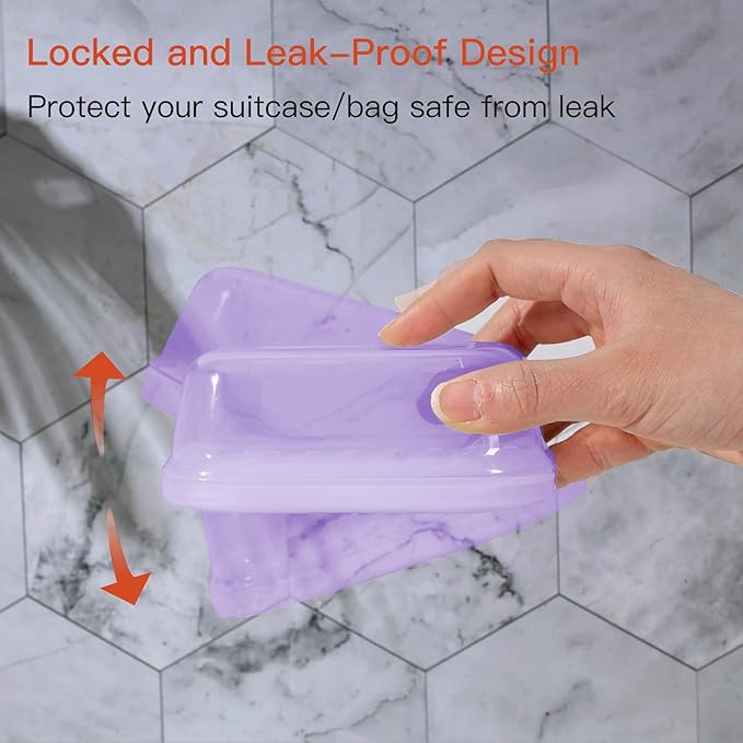 Quatish Leakproof Soap Dish with Lid & Draining Layer, Shatterproof Travel Bar Soap Holder Case Container, Portable Travel Size Toiletries Essentials for Camping, Gym, Bathroom, Clear Purple