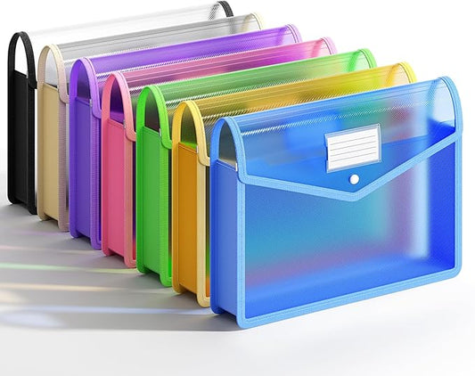 Plastic Expanding File Folder, Transparent Envelopes with Snap Closure, No Dividers, Large Capacity, Assorted Colors, Bills & Taxes, Letter/A4 Size for School/Office/Home - 7 Pack