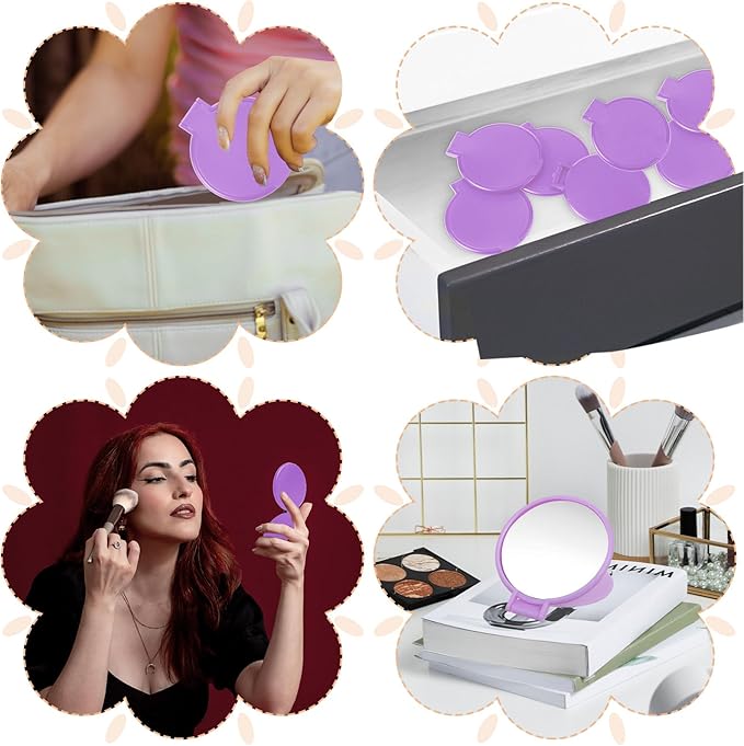 50 Pcs Round Compact Folding Portable Pocket Mirror for Purse Mini Folding Makeup Mirrors Bulk Vintage Travel Makeup Mirror for Women Daily Use (Purple)