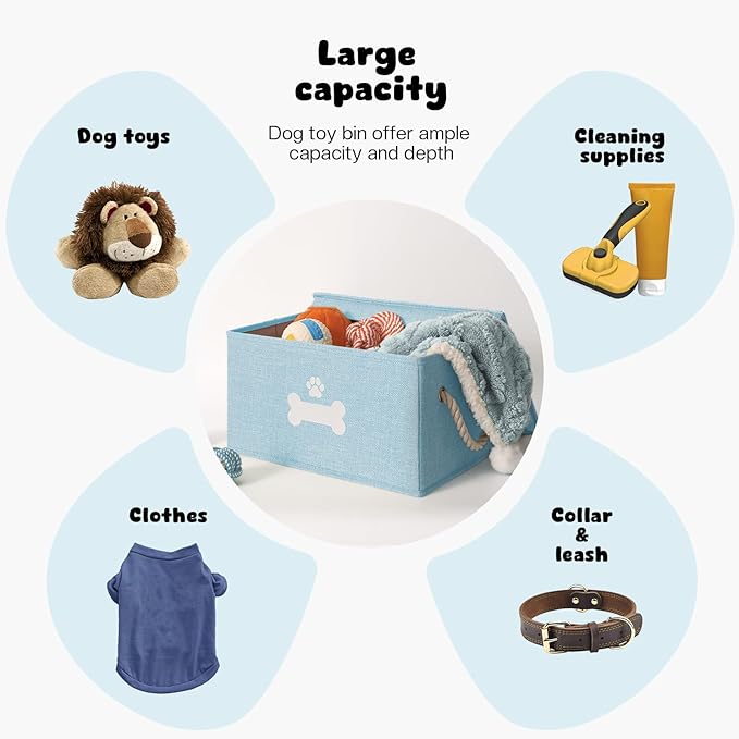 Dog Toy Basket with Lid, Dog Basket for Toys, Dogs Toy Box with Cotton Rope Handles, Collapsible Storage Bins for Pet Toys, Dogs Storage Organizer, Blue
