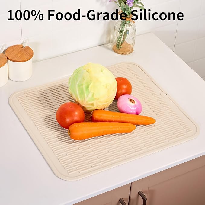ZLR Silicone Dish Drying Mat for Kitchen Counter, Eco-Friendly Fast Dry Dish Mat, Easy Clean Multi Usage Drying Matt, Heat Resistant Trivet, 16" x 18" XL, Cassava White