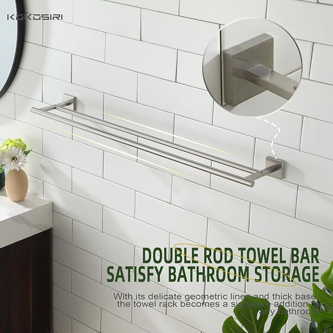 KOKOSIRI Towel Holder Bathroom Accessory Towel Bars with Two Rails Necklace Holder 32 Inch Brushed Nickel Stainless Steel B5005BR-L32