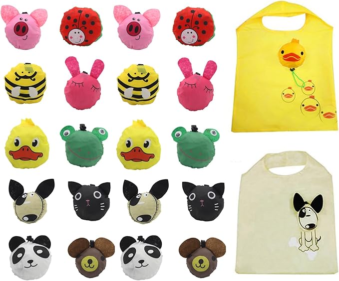 20 Pack Reusable Shopping Bags,Bulk Foldable Portable Reusable Grocery Bags Lightweight Polyester Grocery Shopping Tote Bag (Animal)