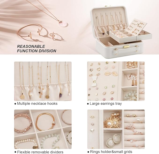 White Jewelry Box - Large Travel Jewelry Case Organizer, 2-Layer Holder, Women's Watch Case