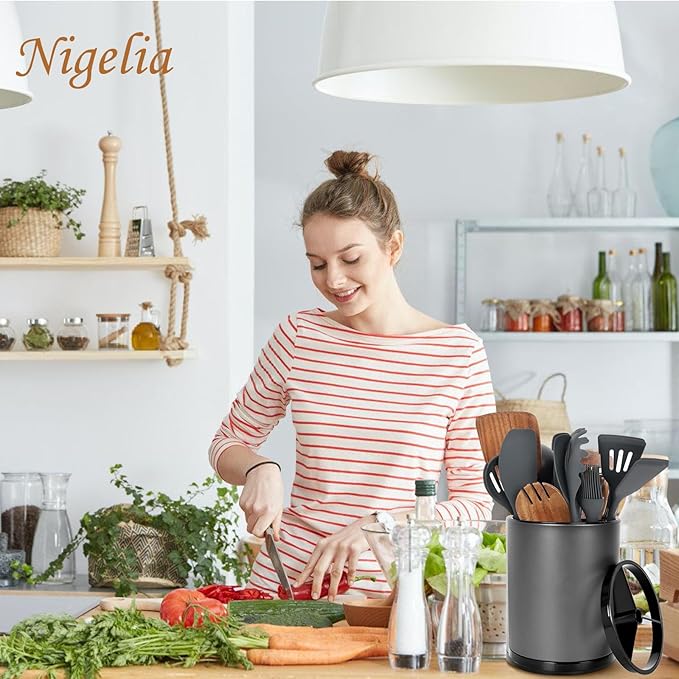 Extra Large Kitchen Utensil Holder - 360° Rotating Stainless Steel Cooking Utensil Holder for Countertop, 3 Compartment Flatware Organizer & Utensil Caddy with Removable Base (Grey)
