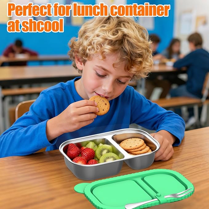 Stainless Steel Snack Containers with Silicone Lids, 4 Pack Reusable 2-Compartment Food Storage Containers, Snackle Box Container, Leak-Proof Metal Bento Lunch Box for School, Travel, Home