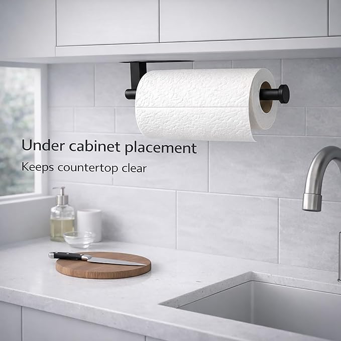 Paper Towel Holder, Self Adhesive or Screw Mounting, Black Wall Mount SUS304 Stainless Steel Paper Towel Holder Under Cabinet for Kitchen, Counter, Cabinet, Bathroom
