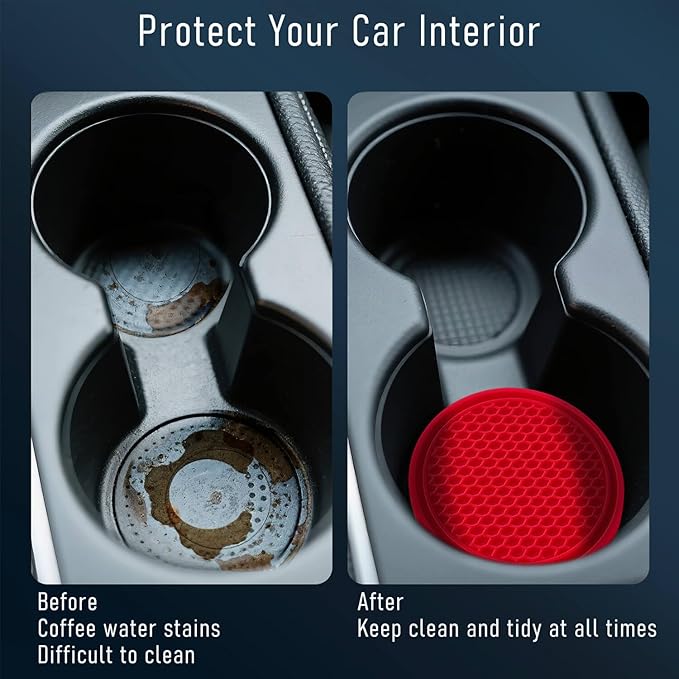 Car Cup Holder Coaster 4 Pack - Non Slip & Shockproof,Flexible PVC Rubber Insert for Car/Truck/SUV/Van (2.75"x0.2") Universal Fit Auto Cup Holders Accessories for Women and Man (Red)