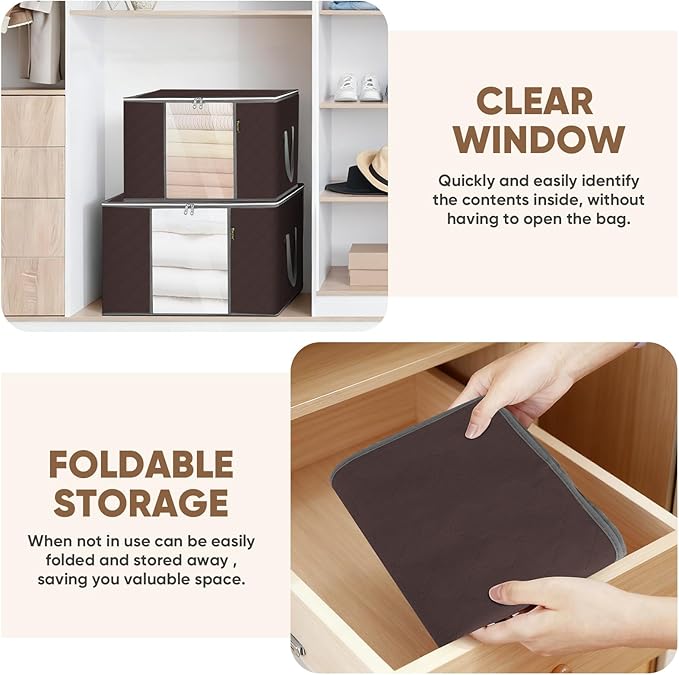 BALEINE 2 Pack Clothes Storage Bags, 24 Gallon Storage Containers with Reinforced Handle, Sturdy Zipper, Closet Organizer for Blanket, Comforter, Pillow, Bedding (Brown, 2 Pack)