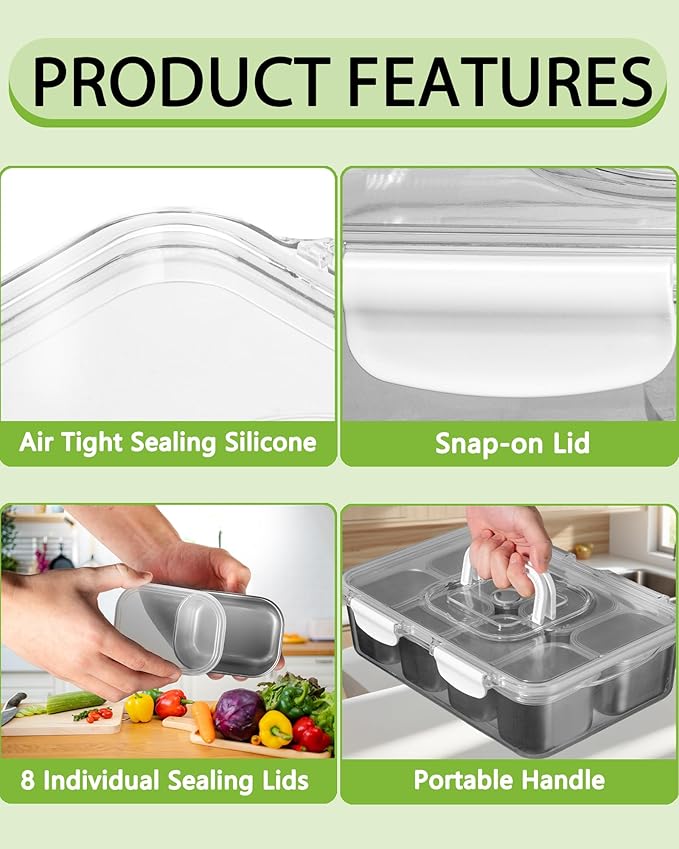 Snackle Box Container, Stainless Steel Divided Serving Tray with Lid and Handle, Large Snack Tray for Fruit Veggie Candy, 6-Compartment Snack Platter for Travel Party Beach Picnic