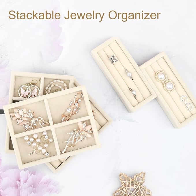 DesignSter Small Jewelry Tray-Ring Organizer 2PCS Premium Velvet Rings Earrings Display Tray Storage Insert Holder for Jewelry Box, Drawer, Dresser (4 Grids, Beige)