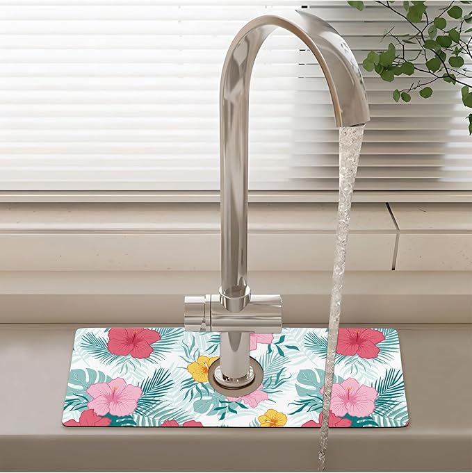 Patterned Sink Faucet Mat Kitchen Splash Guard Super Absorbent Drying Mat, Non-Slip Drain Pad for Kitchen Counter or Bathroom-15x5.5in