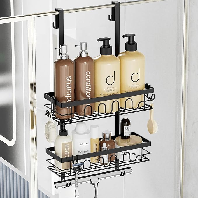 Over the Door Shower Caddy Hanging, 3-in-1 Rustproof Shower Organizer for Glass Door, No Drilling Shower Shelves with 4+3 Hooks, Wave Design, Stable, Adjustable Suitable for Kitchen/Bathroom/Balcony