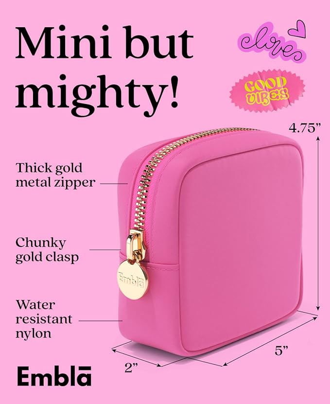 Embla Makeup Bag Travel Cosmetics Pouch and Toiletry Bag, Nylon Zipper Pouch Purse, Cute Make Up Organizer Storage Tote for Women Girls, Travel Skincare Case, Small Makeup Bags, Bubblegum