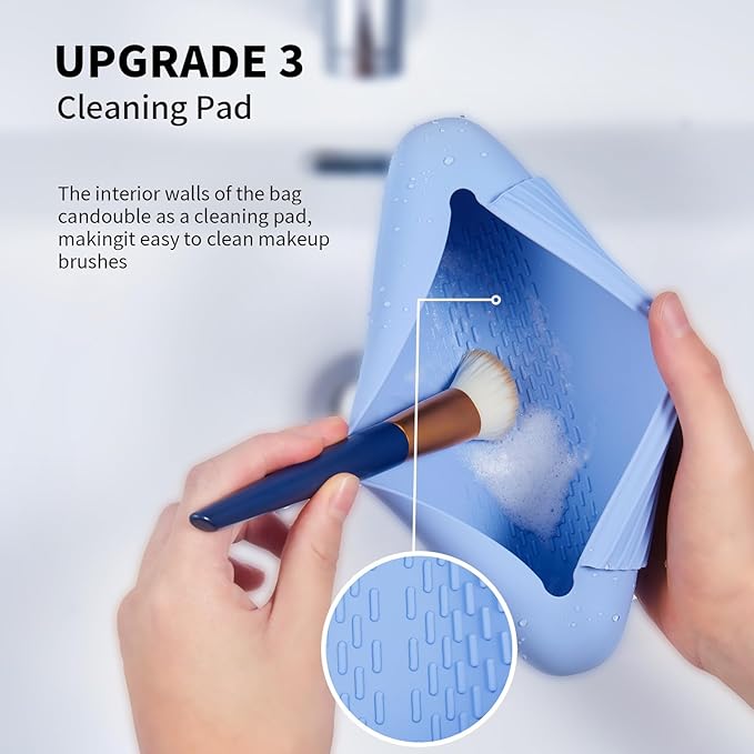 AGIKET 2 IN 1 Silicone Makeup Brush Holder with Beauty Make Up Sponge Holder Case：Soft Portable Cosmetic Face Brushes Holder with Upgrade Anti-Fall Out Magnetic Closure - Blue