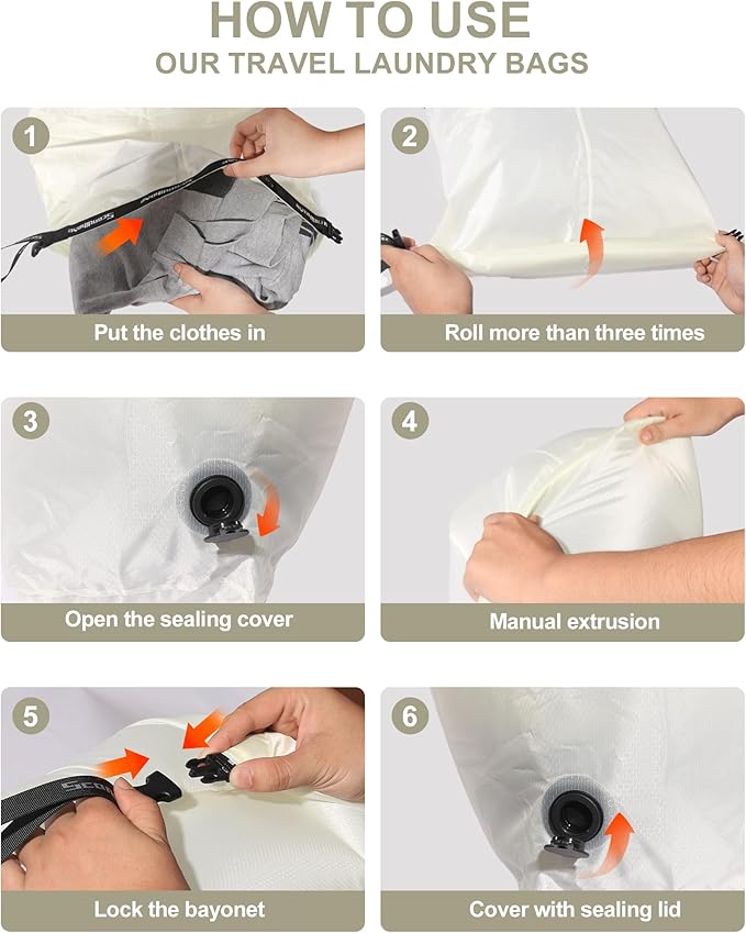 Travel Laundry Bag, Pump-free Vacuum Compression Dirty Clothes Bag, Medium Reusable Waterproof & Washable Laundry Bag, Wet and Dry Bag, Ideal for Suitcases, Laundromats (1 Pcs) White