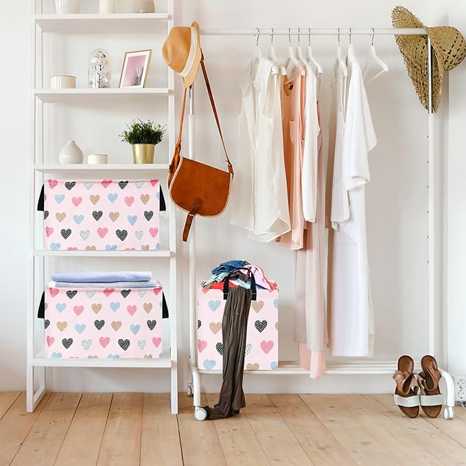 KUNRO Rectang Heart Valentine's Storage Basket Gift Shelf Basket Storage Bin, Nursery Basket Organizer Box for With Handles for Room Deco