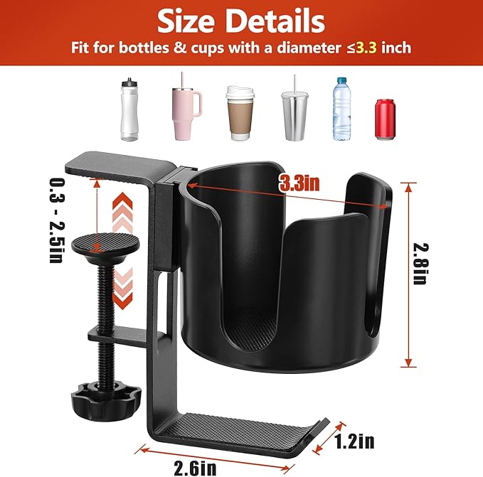 Desk Cup Holder Clamp with Headset Hook, Anti-Spill Water Bottle Stand Clip On Table Edge or Chair Armrests, Office Accessories for Coffee Drink Mug Bottles