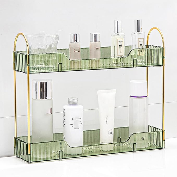 Bathroom Countertop Organizer, 2-Tier Slim Vanity Storage Rack for Bathroom Sink, Narrow Counter Organizer for Toiletries Skincare Perfume with Green Plastic Trays