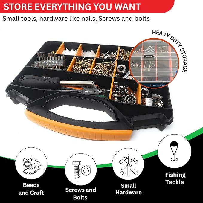 Andalus Tools Organizer Box, Small Parts Storage 18-Compartment Portable Hardware Organizer Removable Plastic Dividers for Screws, Nuts, Bolts, Nails – Orange (1 Pack, 12.5" x 10.5" x 3")
