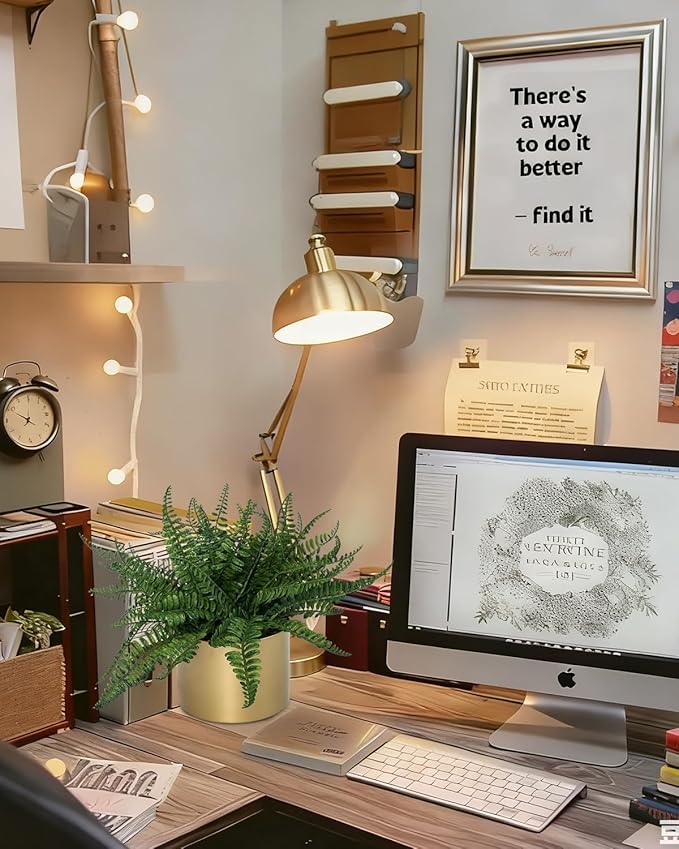 13.5" Small Fake Plant Fern Potted Artificial Plants Fake Fern for Shelf Home Bathroom Office Decor(Gold Mental Pot)