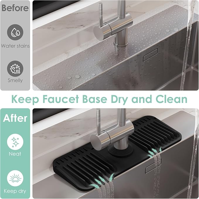 14.6 Inch Silicone Faucet Mat for Kitchen Sink Splash Guard - 7° Slope Water Draining Mat With Fasten Button for Bathroom Area (Black, 14.6''x5.5'')