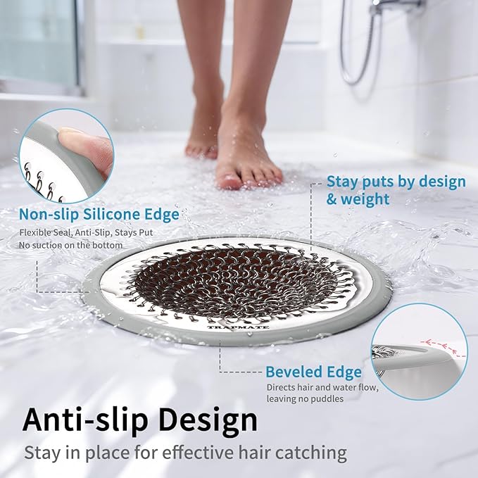 TRAPAMTE Shower Drain Hair Catcher, 4.7" Fast Drainage Shower Drain Cover, Anti-Slip Stainless Steel Drain Protector for US Standard Flat Drains of Bathroom Floor and Shower Room (Patented Product)