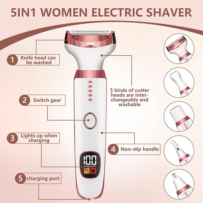 Women's Cordless Portable 5-in-1 Painless Shaver, Suitable for Body, Face, Nose Hair Trimmer, Bikini Area, Armpits, Pubic Hair, Underarms, Legs, and Eyebrows