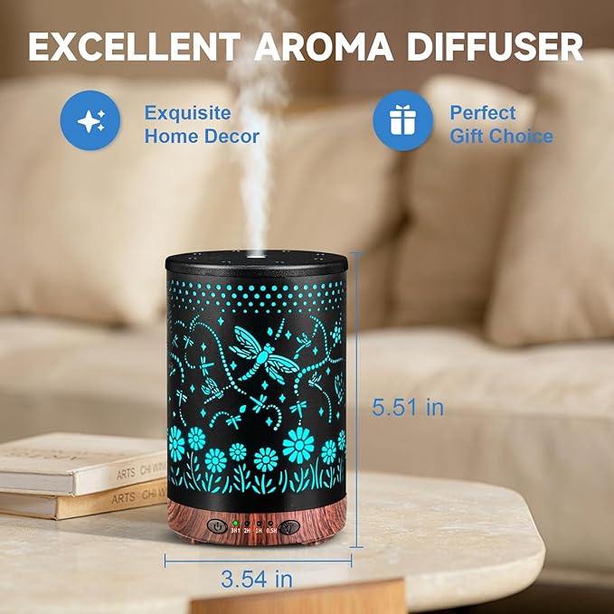 Essential Oil Diffuser 120ML Metal Aromatherapy Diffuser, Cool Mist Humidifier with Auto Shut-Off Protection 7 Color Lights for Home Office Spa (Dragonfly)