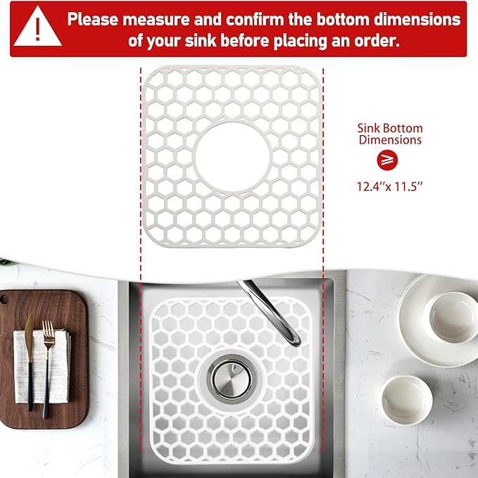 2 Pack Silicone Sink Protectors for Kitchen Sink - 12" x 11" Kitchen Grid Accessory, Non-Slip Heat-Resistant Mat for Bottom of Porcelain Stainless Steel, Dishwasher Safe (White)
