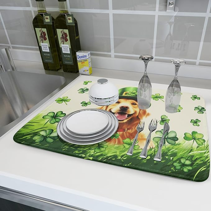 St Patrick's Day Dog Dish Drying Mat 18x24 inch Green Shamrock Dishes Pad Absorbent Microfiber Dish Drainer Mat for Kitchen Counter Coffee