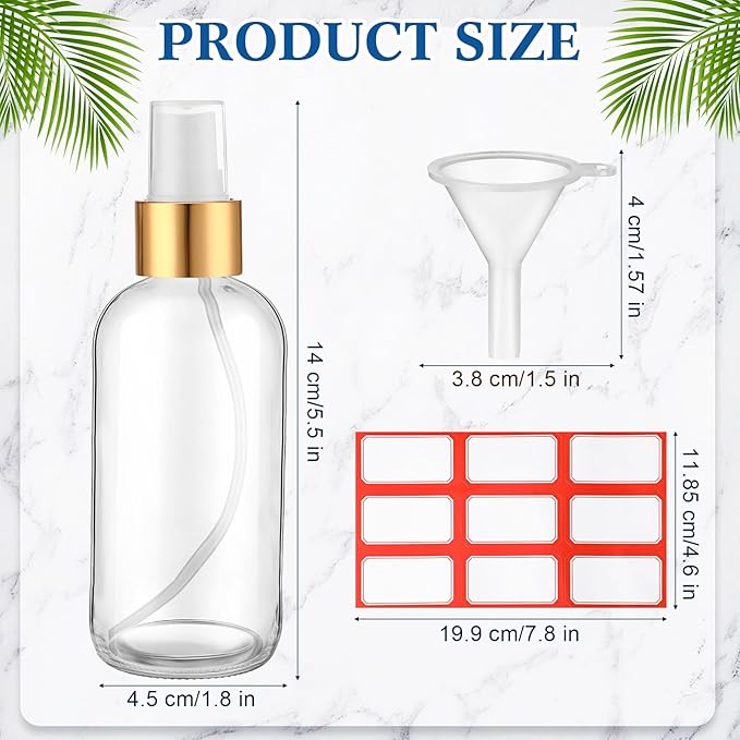 Fumete 2 Pack Glass Bottles 4oz Empty Refillable Liquid Containers with 1 Label 1 Funnel for Essential Oils Hair Travel Plants Cleaning Skin Care(Clear, Golden Top,Mist Bottle)
