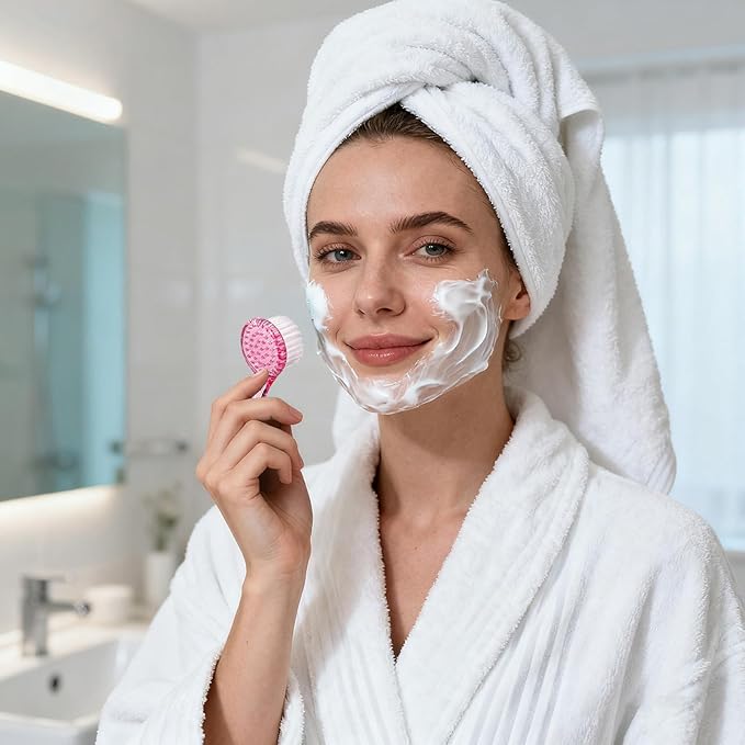 3 Pcs Facial Cleansing Brush, Manual Face Brushes for Cleansing and Exfoliating, Face Scrubber to Massage, Deep Pore Exfoliation, Makeup Remove and Skin Care with Soft Bristles, Clear Pink