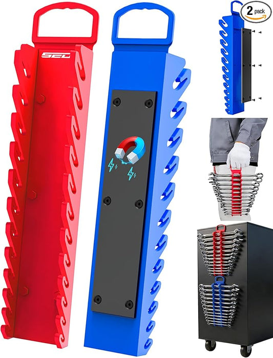 2-Pack Magnetic Wrench Organizer Set, 24-Slot Premium Wrench Rack Holder with Non-Slip Carry Handle for Tool Box Drawer Wall Storage, SAE (1/4'' to 15/16'') & Metric (6mm to 24mm)