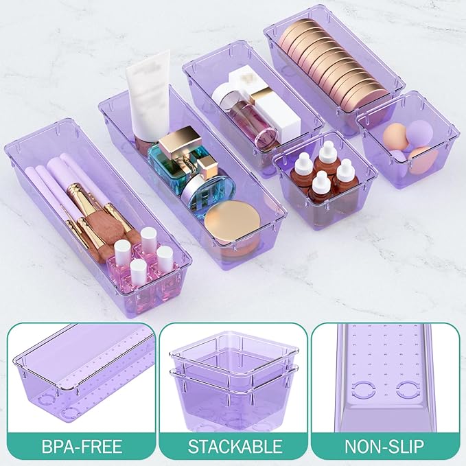 WOWBOX 9 Pack Clear Drawer Organizer Set, Acrylic Drawer Storage Trays, Storage Bins for Makeup, Cosmetics, Jewelries, Utensils, Gadgets, Office, Purple