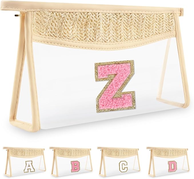 Small Boho Straw Initial Letter Makeup Bag Personalized Gift ,Cute Clear Chenille Patch Makeup Bag With Zipper,Trendy TSA Approved Travel Toiletry Bag,Gift for Women Girls Birthday Friend, Letter Z