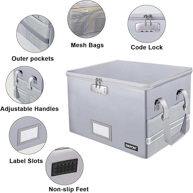 ENGPOW File Box with Lock, Fireproof Document Box with Pockets, Collapsible File Organizer Filing Storage Cabinet with Handle, Portable Home Office Safe for Hanging Letter/Legal Folders, Silver, 2 Pack