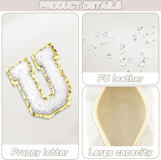 Gifts for Girls Initial Makeup Bag Personalized Cosmetic Bag with Zipper Cute Travel Toiletry Bags Waterproof PU Preppy Makeup Pouch Birthday Gift for Teen Girls Women(White U)