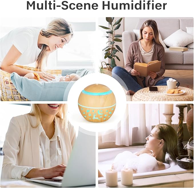 200ml Essential Oil Diffuser, Small Humidifiers for Bedroom with USB Charging, LED Lights, 2 Filter Sticks, Portable Wood Grain Quiet Aromatherapy Mist Diffusers, Gift for Girls
