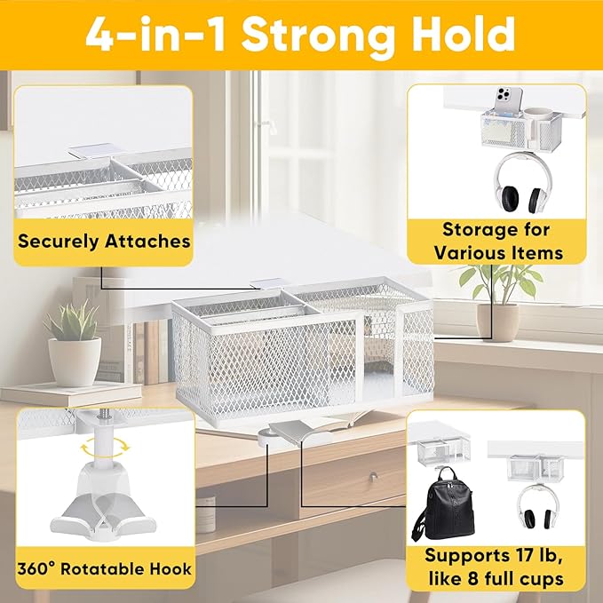 4 in 1 Metal Clip On Cup Holder Attachment for Gaming Desk or Table, Sturdy and Easy to Clamp, Attachable Anti-Spill Cup Holder for Salon Chair, Bedside, Water Bottles, Drinks, Headphones - White