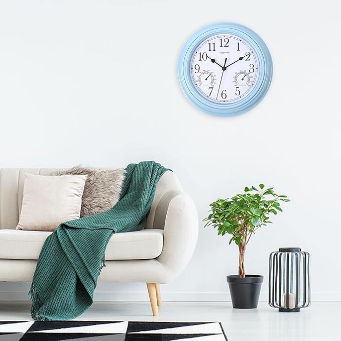 Wall Clock, Sweep Silent Movement Accurate Clocks with Temperature & Humidity, Decorative for Kitchen/Living Room/Bedroom/Office/School/Classroom (Blue, 9 inch)